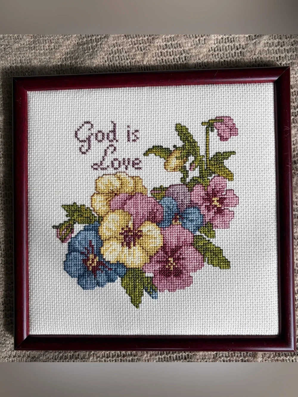 Vintage Framed God Is Love Needlepoint Floral Folk Art Wall Decor 8x8 Handmade